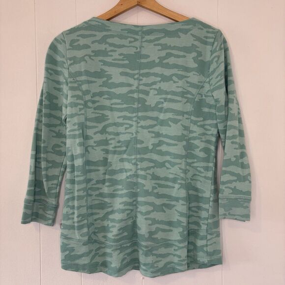 T By Talbots XS Camo French Terry Pullover Top Aqua 3/4 Sleeve Athleisure Cotton - Picture 4 of 9